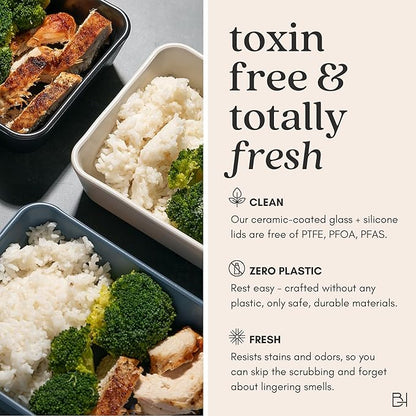 Ceramic Coated Glass Food Storage Container | No PTFE, PFOA, PFAS, and BPA | Reusable Non Toxic Meal Prep Container with Glass Lid | Easy To Store | 6 Cup Rectangle [Smoke]