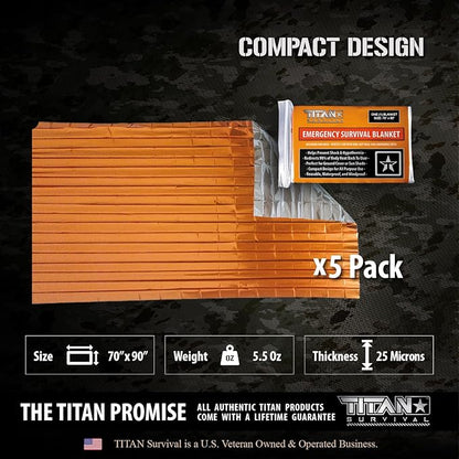 TITAN Survival - Mylar Survival Blankets 5 Pack - 90% Heat Retention & Waterproof Design - Emergency Blanket Cold Weather Protection & Survival Kits - Durable Space Blanket for Outdoor Use