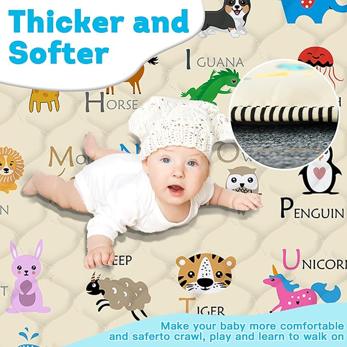 Baby Play Mat，Thick Soft 71" X 79" Playpen mat, Non-Slip and Machine Washable Baby Play Mats for Floor，Crawling Mat for Babies, Toddlers & Infants to Play and Learn (Beige Animal)