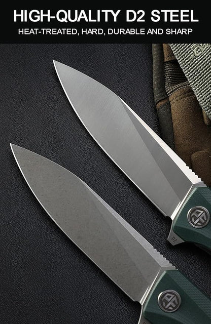 Petrified fish G10 handle D2 steel blade 2CR13 liner ball bearing flipper folding knife camping hunting EDC pocket tool PF818 (Green, Stonewash)