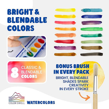 Color Swell Bulk Watercolor Paint 10 Pack with Wood Brushes 8 Washable Water Colors for Kids, Classrooms, Parties, All Ages