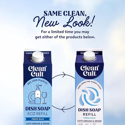 Cleancult Dish Soap Liquid Refill (32oz, 3 Pack) - Plant Based Cleaning Power - Dish Soap that Cuts Grease & Grime - Free of Harsh Chemicals - Uses 90% Less Plastic - Fresh Rain