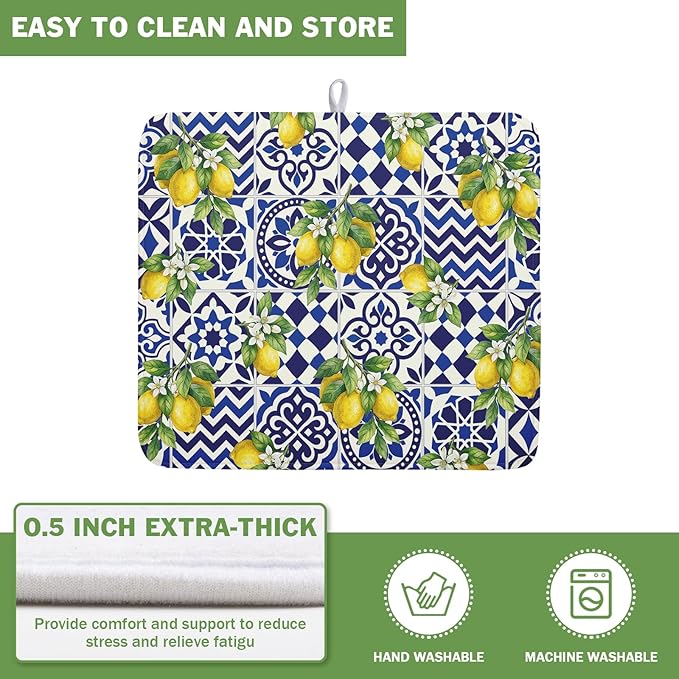 Lemon and Blue Tile Dish Drying Mat 16x18 Inch Absorbent Reversible Mexican