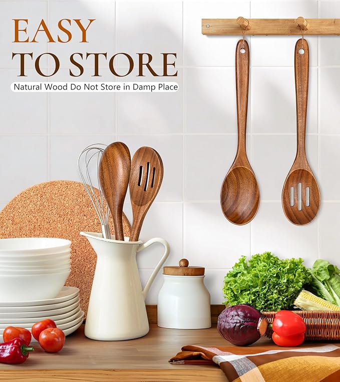 2Pcs Wooden Spoons for Cooking, Natural Premium Teak Wooden Spoon & Slotted