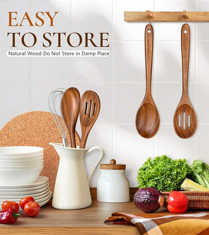 2Pcs Wooden Spoons for Cooking, Natural Premium Teak Wooden Spoon & Slotted
