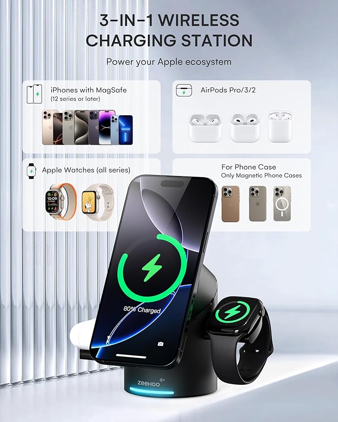ZEEHOO 3 in 1 Charging Station for Apple Devices, Mag-Safe Charger Stand