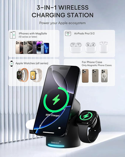 ZEEHOO 3 in 1 Charging Station for Apple Devices, Mag-Safe Charger Stand