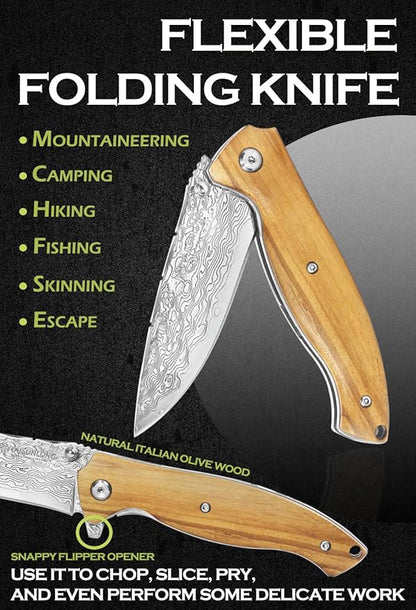 YOUSUNLONG Folding Knife Overall 191mm Pocket Knife - Hammered Damascus Steel Blade - Natural Italian Olive Wood Handle