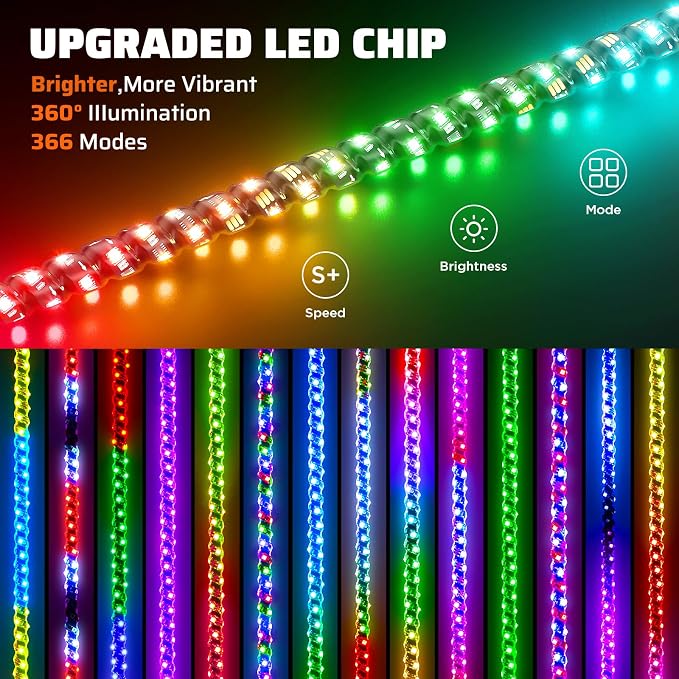 Ehaho 1 PC 1FT Whip Lights with Spring Base, APP & Remote Control Led Whip Lights for Side by Side, Spiral RGB Chasing Lighted Whips with Rocker Switch, Music Led Whips for UTV ATV RZR SXS Can-Am