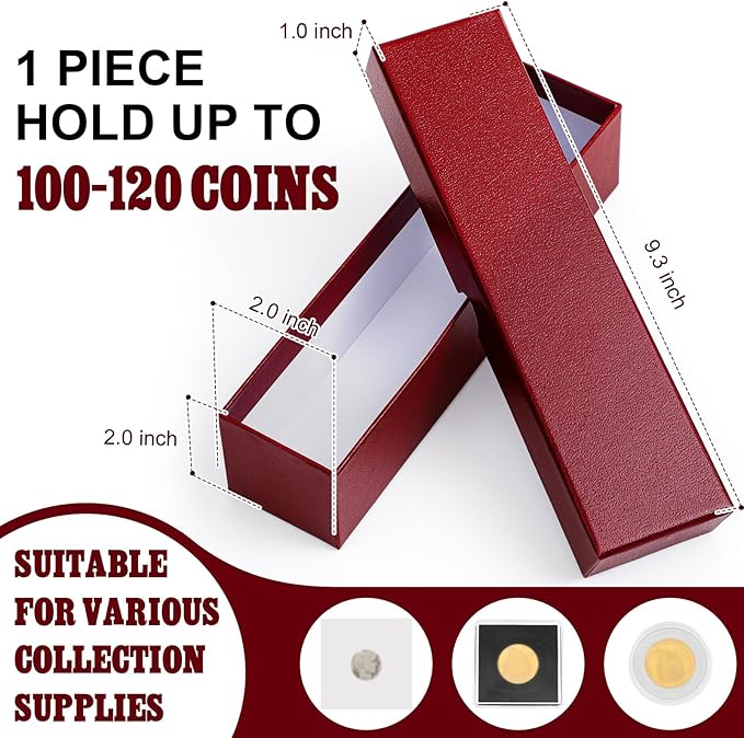 Teling 8 Pcs Coin Storage Box 2x2inch Flip Holders Collectors Coin Supplies Holders for Cents Collection Cardboard (Dark Red)