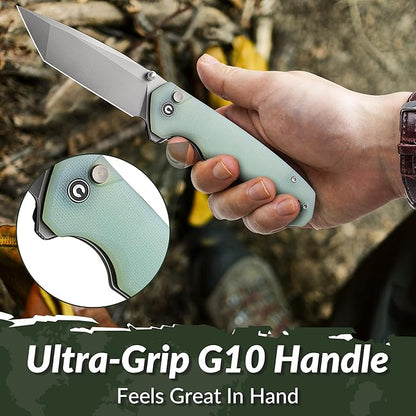 CIVIVI Brazen Folding Knife, Button Lock Pocket Knife with 3.46'' Swedish 14C28N Tanto Blade, Ultra-Grip G10 Handle, Low Profile Clip for EDC C19059C-3 (Natural)