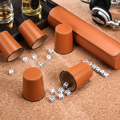 Leather Dice Cup Set, 5 Black Dice Cups + 25 Dices + Exclusive Storage and Transport Case Made of Faux Leather (Orange)