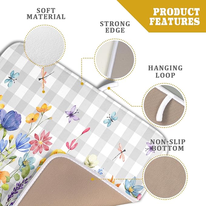 Giwawa Spring Floral Dish Drying Mat, Summer Flower Grey Buffalo Plaids Dish