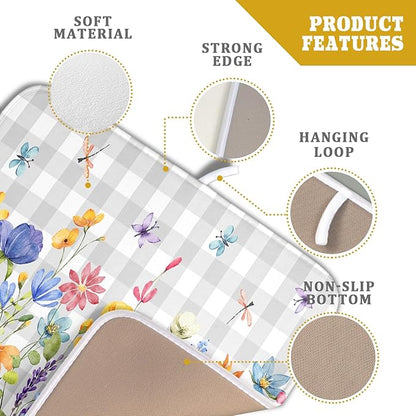 Giwawa Spring Floral Dish Drying Mat, Summer Flower Grey Buffalo Plaids Dish