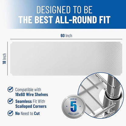 Shelf Liners for Wire Shelf System: Set of 5 in Clear: 18 x 60 inch: Plastic Wire Shelving Shelf Mats