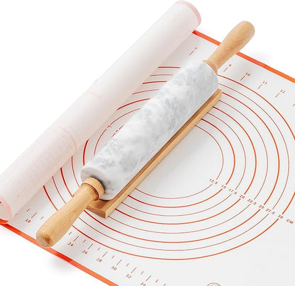 Marble Rolling Pin with Non-Stick Silicone Mat & Wood Base, 16.9-Inch Heavy