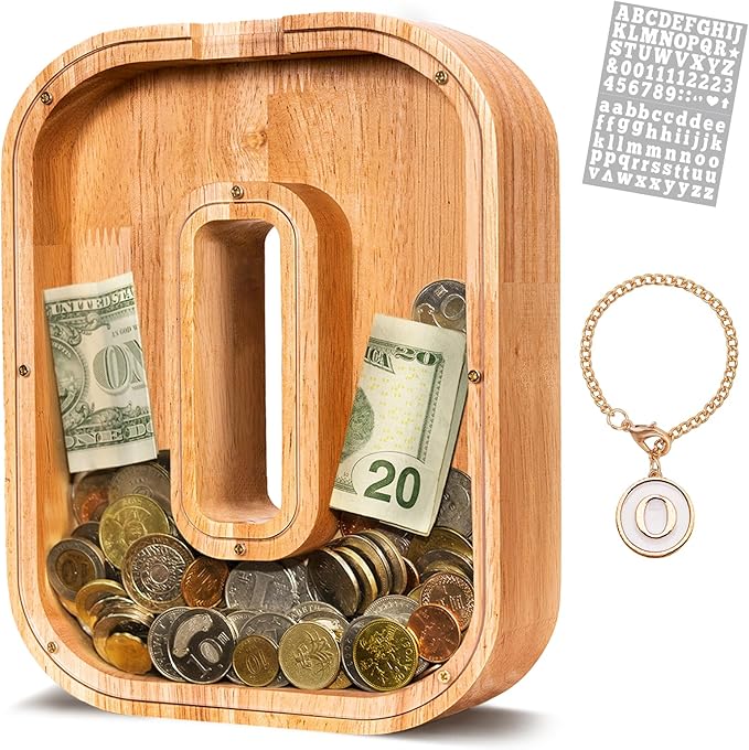 KMC Wooden Letter Piggy Bank, Personalized Initial Piggy Bank for Kids Boys, Clear Alphabet O Wood Money Box, Unbreakable Coin Saving Jar, Birthday, for Children