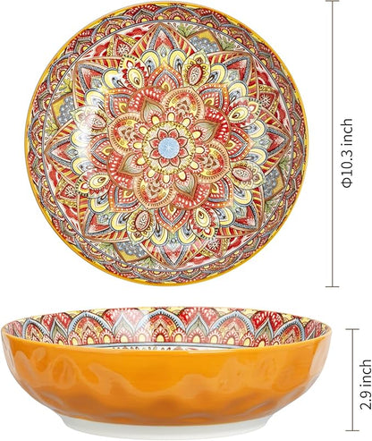 75 Oz Serving Bowls,Bohemian Style Large Porcelain Dishes for Entertaining Parties,Big Bowls for Eating Soup, Salad, Pasta, Fruit, Chips, 10.3 Inch Diameter (orange)