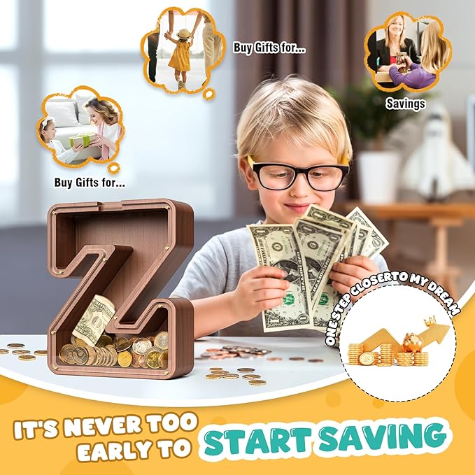 Summidate Wooden Letter Piggy Bank, Extra Thick Large Capacity Piggy Bank for Kids Boys Girls Toddler, Alphabet Z Money Bank| Coin Box Birthday, Christmas, Festival