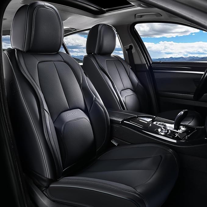 Coverado Automotive Seat Covers, Leather Seat Covers Front Seat, Luxury Car Seat Covers with Lumbar Support, Front Driver Seat Covers, Car Seat Protector Waterproof Universal Fit Most Cars(Black)