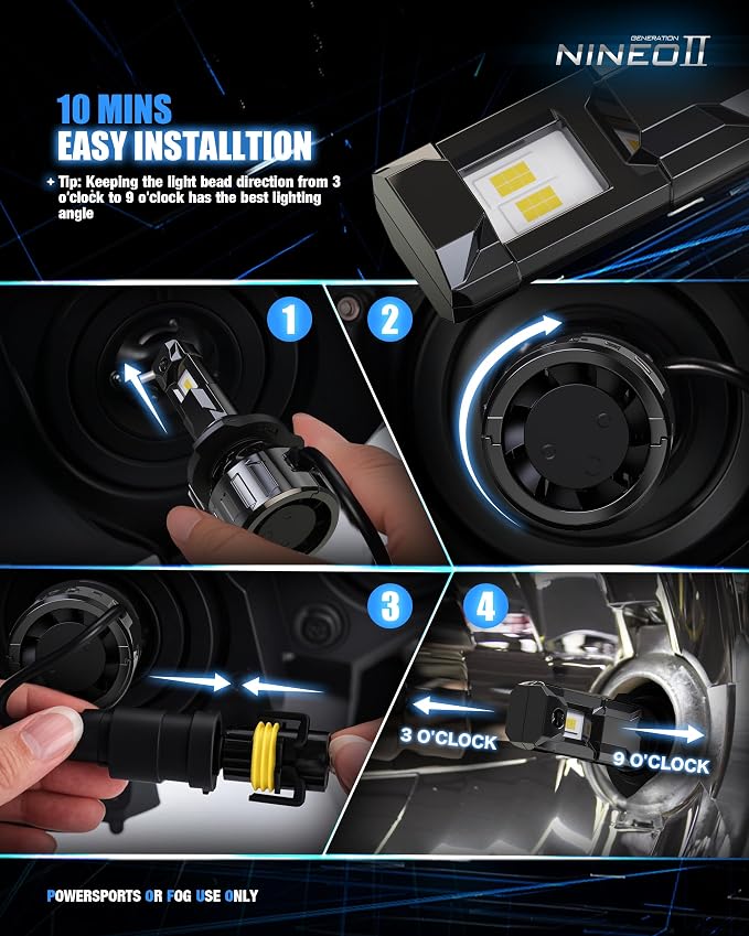 NINEO H4 Bulbs, 9003 Fog Lights, [2025 Upgrade] 600% Brighter 6500K White, Fan-Cooled, No Flicker, Plug & Play, Off Road or Fog Light, 2 Pack