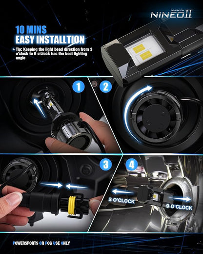 NINEO H4 Bulbs, 9003 Fog Lights, [2025 Upgrade] 600% Brighter 6500K White, Fan-Cooled, No Flicker, Plug & Play, Off Road or Fog Light, 2 Pack