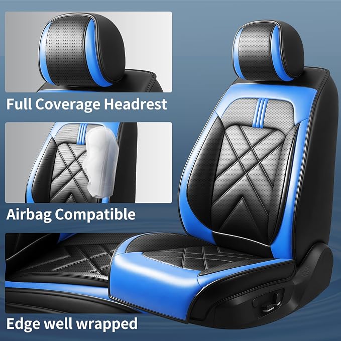 Fiesta Car Seat Covers Fit for Ford Fiesta 2011-2019, Premium Full Coverage Leather Automotive Seat Protectors, All Seasons Waterproof Breathable, Airbag Compatible, 2 Front Seats, Black-Blue