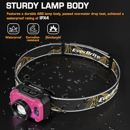 EverBrite 600 Lumen Headlamp, Rechargeable Headlight with 4 Modes, Super Bright Head Lamp with Spotlight & Floodlight, Motion Sensor, Memory Function for Camping, Hiking-Pink