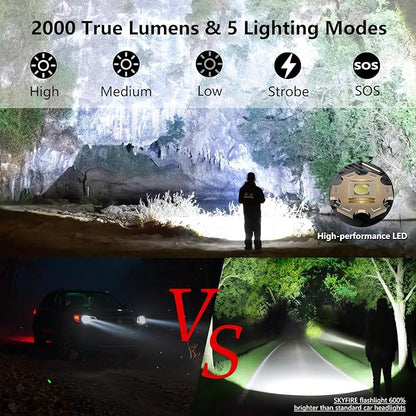 SKYFIRE Rechargeable Flashlights High Lumens: LED Super Bright Flashlight Zoomable with 5 Modes IPX6 Waterproof Handheld Powerful Flash Light for Camping,Emergenciesr,Home&Gifts（with Ignition Lens）