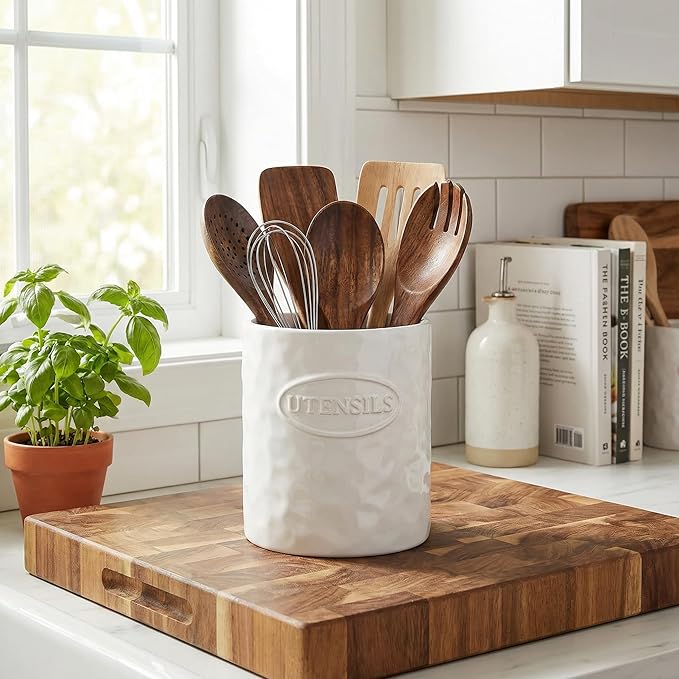 White Utensil Holder Set of 2 Ceramic Cooking Utensil Crock Modern Kitchen