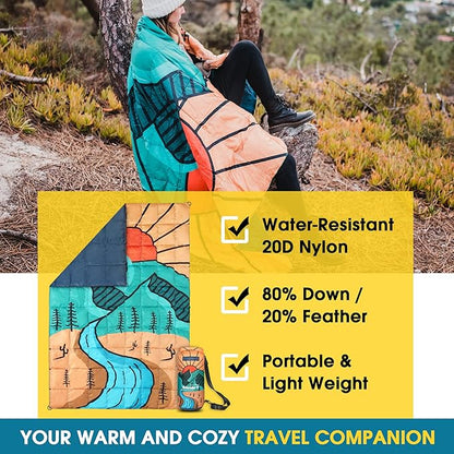 4Monster Down Camping Blanket - Outdoor Travel Quilt Puffy 650 Fill, Packable, Lightweight,Wind & Waterproof | Ideal for Stadium, Backpacking,Picnics, Beach and Hiking