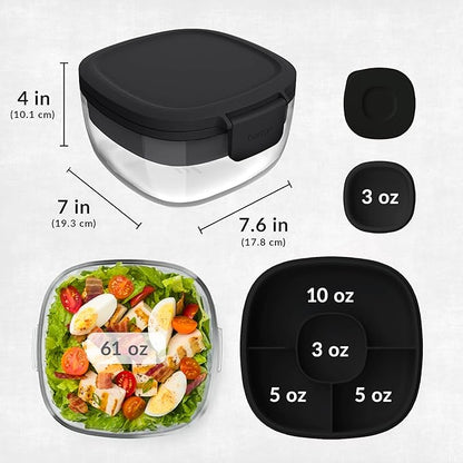Bentgo Glass All-in-One Salad Container - Large 61-oz Salad Bowl with Lid, 4-Compartment Bento-Style Tray, 3-oz Sauce Container, and Reusable Fork - Dishwasher, Microwave, and Oven Safe (Black Onyx)