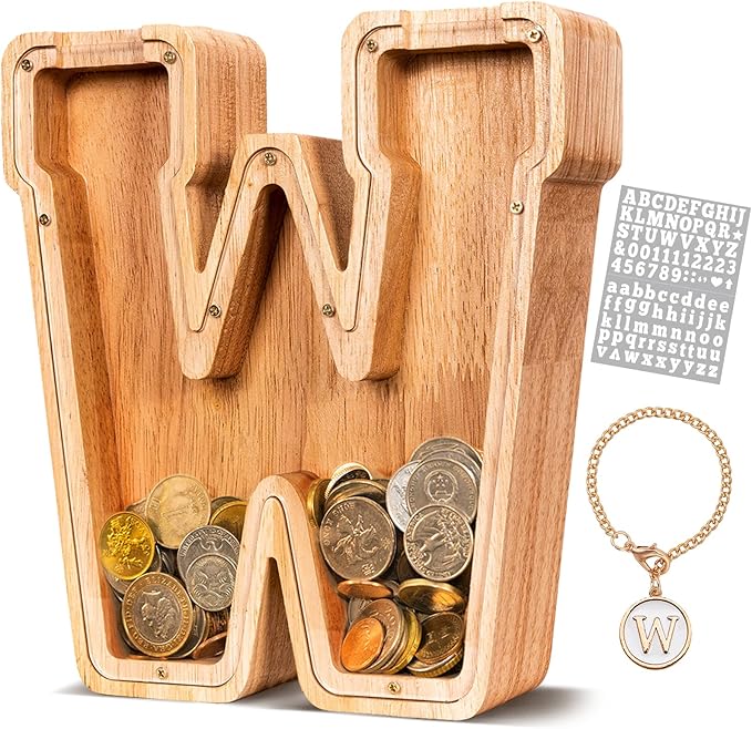 KMC Wooden Letter Piggy Bank, Personalized Initial Piggy Bank for Kids Boys, Clear Alphabet W Wood Money Box, Unbreakable Coin Saving Jar, Birthday, for Children