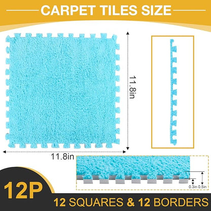 12 Pcs Plush Interlocking Carpet Tiles, Non-Toxic Foam Carpet Tiles for Toddler Baby, Machine-Washable, Anti-Slip, EVA Foam Interlocking Tiles for Floor, Nursery, Playroom, Blue