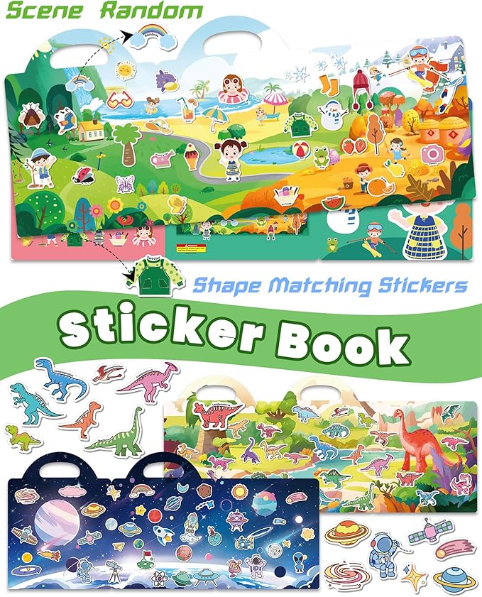 Reusable Sticker Book for Toddlers 2-4 Years, Stickers for Kids, Toddler Sticker Book Ages 1-3, Toddler Craft Activities, Toddlers Travel Toys Ages 2+ Boy Girl Birthday Gifts