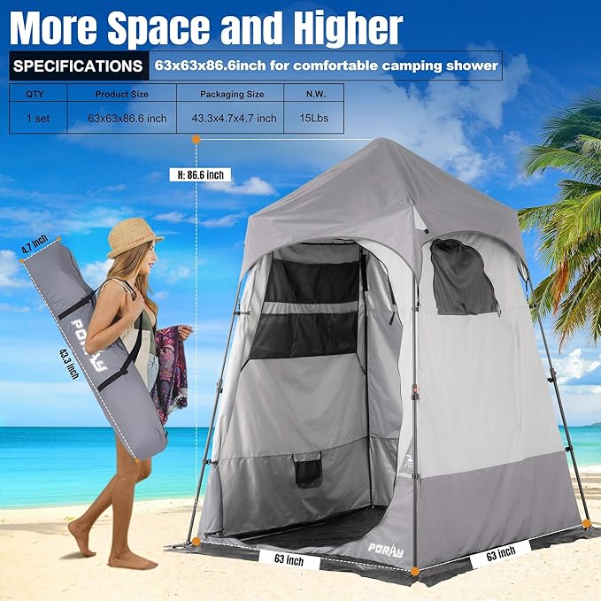 Camping Shower Tent Deluxe Changing Room Easy Set Up Privacy Shelter,Large Toilet Tent with Floor Drain Design for Beach, Camping,Hiking with Stakes and Ropes for Stability