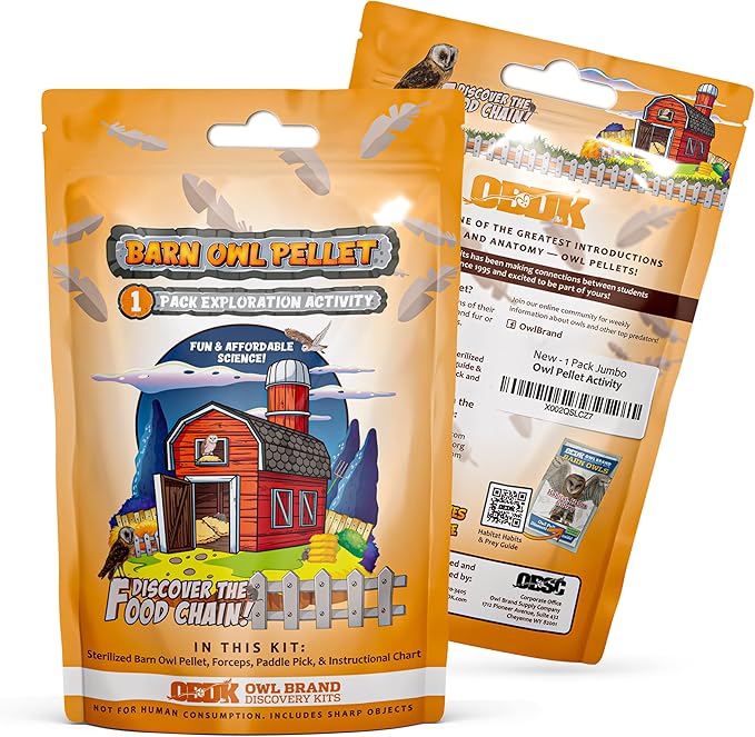 OBDK Barn Owl Pellets for Dissection - 1 Pack Jumbo Sized (2.0"-Larger) with Tools and Charts from Owl Brand Discovery Kits