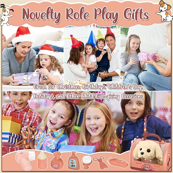 TEUVO Pet Care Play Set Robot Dog Toys for Kids 12Pcs Puppy Dog Toy Pet Walk Grooming Vet Toys Set with Interactive Electric Dog Plush & Cage Pretend Play Gifts for Girls Toddlers 3 4 5 6 7 8 Year Old