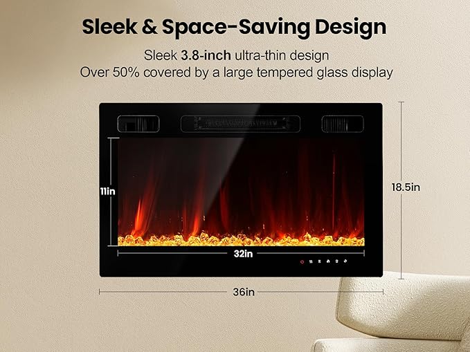 Electric Fireplace Insert 36" Realsmart 1500W Wall Mounted Fireplaces Recessed