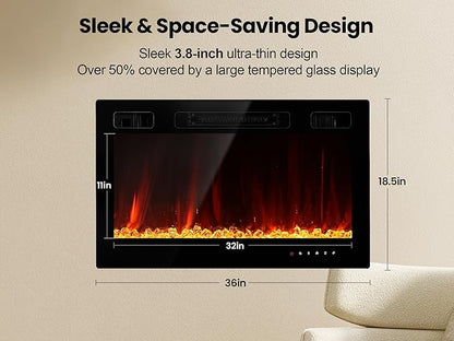 Electric Fireplace Insert 36" Realsmart 1500W Wall Mounted Fireplaces Recessed
