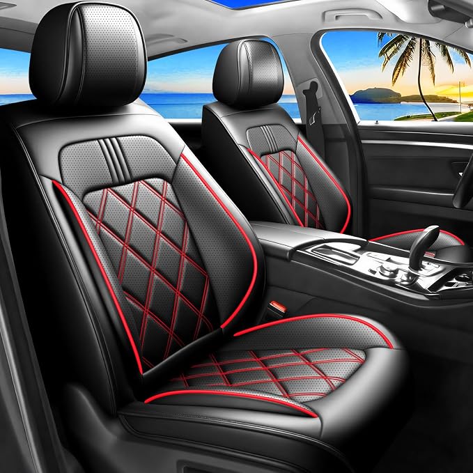 Fiesta Car Seat Covers Fit for Ford Fiesta 2011-2019, Premium Full Coverage Leather Automotive Seat Protectors, All Seasons Waterproof Breathable, Airbag Compatible, (2 Front Seats, Red Black)
