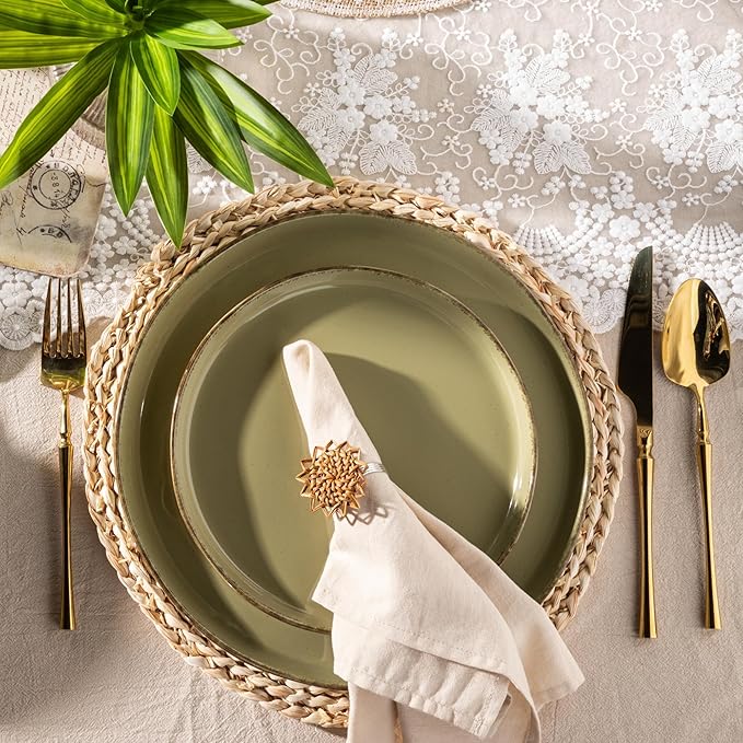 AmorArc Ceramic Dinnerware Sets for 4, 12 Pieces Handpainted Plates and Bowls Set with Rustic Terracotta Underside, Scratch Resistant Stoneware Dishes Set, Dishwasher & Microwave Safe, Olive Green