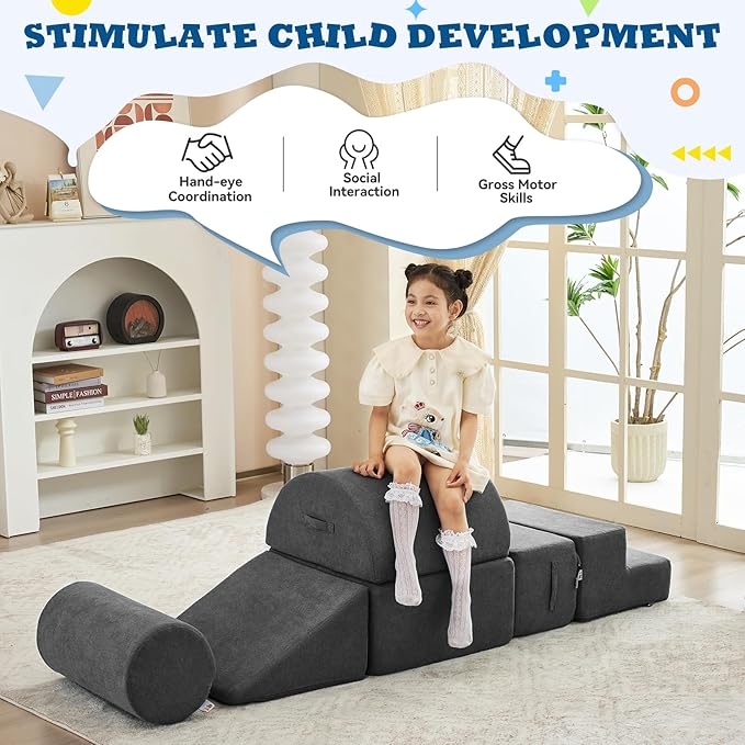 jela Kids Foam Climbing Blocks 6Pcs Soft Play Equipment Luxury Corduroy Fabric, Toddler Climbing Playset Indoor Soft Play Climbing for Toddlers, Lightweight Climbing Blocks for Babies (Darkgrey)