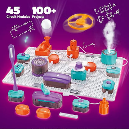 SMILESSKIDDO Circuit Board for Kids, 45 PCS DIY Electronics Exploration Kit with 100+ Projects, Physics Science Experiments, School Family STEM Educational Toy Gift for Kids 6+