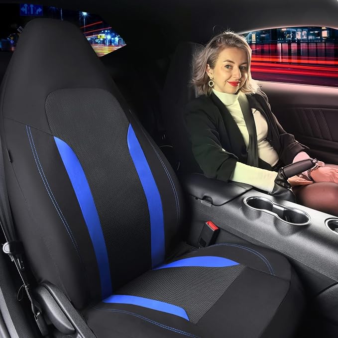 CAR PASS Bucket Car Seat Cover, Breathable 3D Air Mesh-100% Sporty Fabric Front Seats, Airbag Compatible, Universal Fit Auto SUV Truck Sedan Vans Women, High Back Two Front 2 Piece, Black Blue