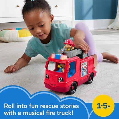 Fisher-Price Little People Toddler Toy Fire Truck Musical Push-Along Vehicle with 2 Figures for Pretend Play Ages 1+ Years