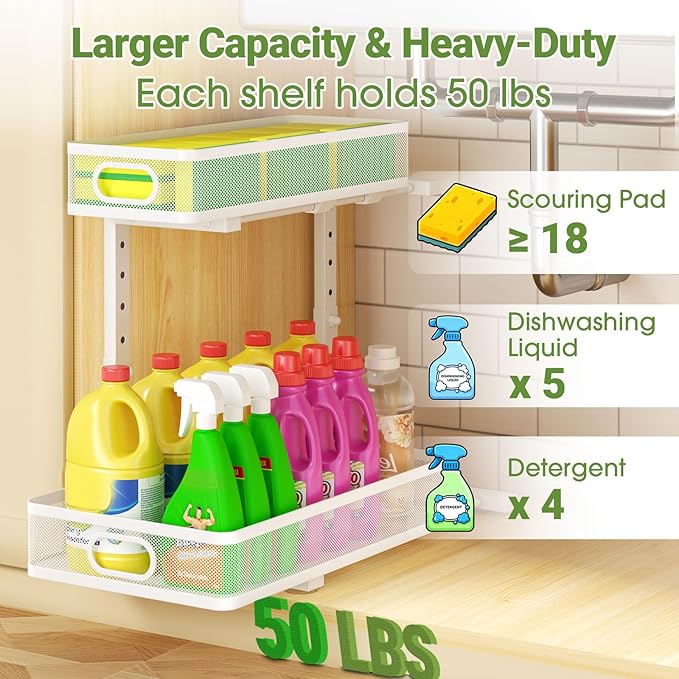 Under Sink Organizer 4-Pack, Metal 2-Tier Pull-Out Cabinet Shelf