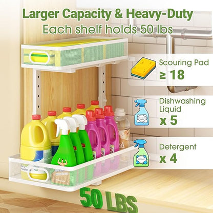 Under Sink Organizer 4-Pack, Metal 2-Tier Pull-Out Cabinet Shelf