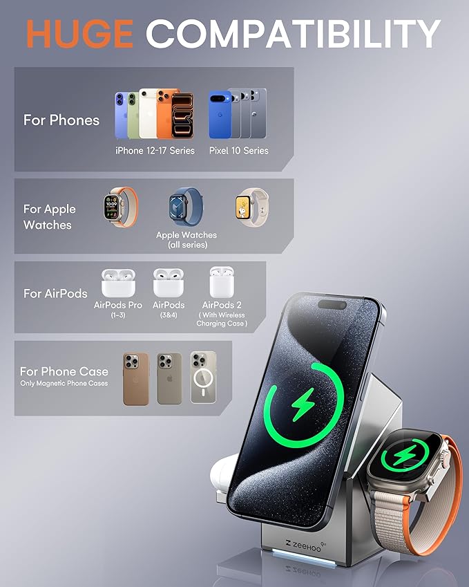 ZEEHOO 3 in 1 Charging Station for Apple, iPhone Mag-Safe Charger, Qi2 Certified