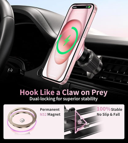 for MagSafe Car Mount Charger Dash/Windshield/Vent Wireless Car Charger with [LED Light], Magnetic Phone Holder for Car for iPhone 17 16 15 14 13 12 Series, Fit MagSafe Accessories (Pink)